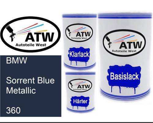 BMW, Sorrent Blue Metallic, 360: 500ml Lackdose + 500ml Klarlack + 250ml Härter - Set, von ATW Autoteile West.